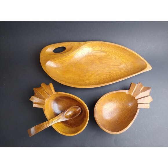 Other - Vintage Wood Bowl Set Pod and Pineapple Shape w Spoon Phillipines MCM Alii Woods
